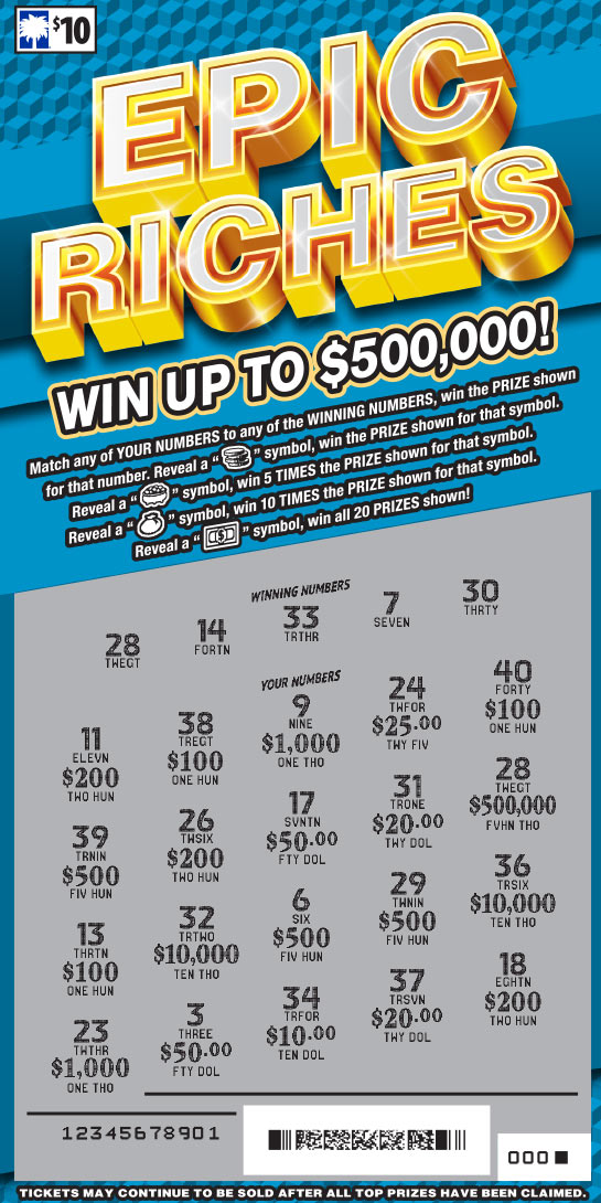 Epic Riches scratchcard - game number #1648 - front-scratched
