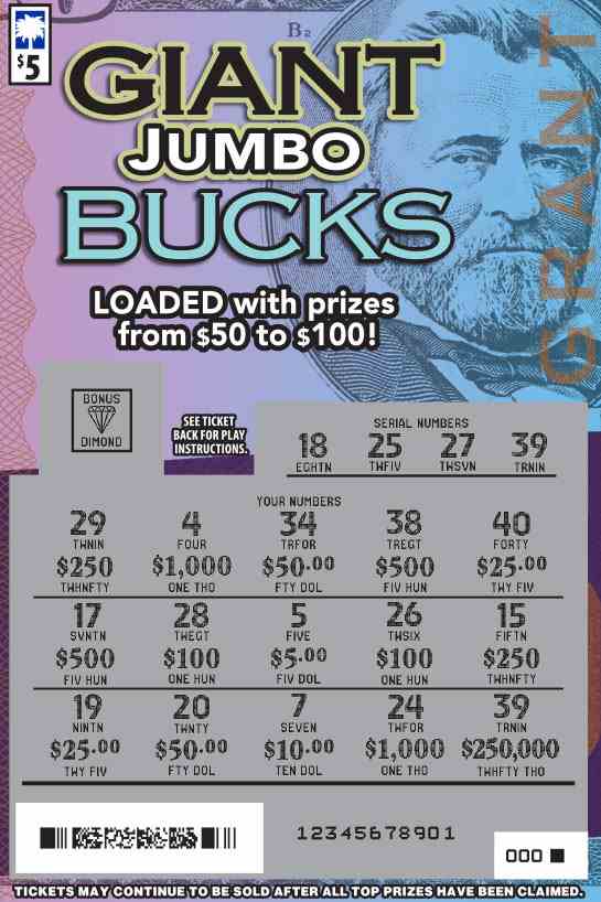 Giant Jumbo Bucks scratchcard - game number #1434 - front-scratched