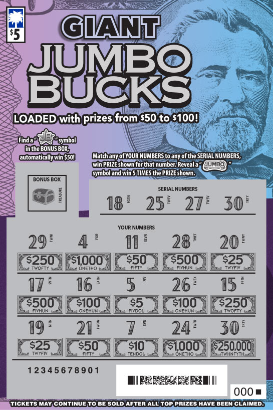 Giant Jumbo Bucks scratchcard - game number #1699 - front-scratched