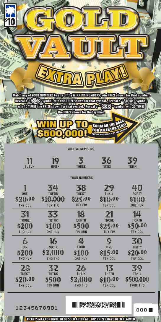 Gold Vault Extra Play scratchcard - game number #1674 - front-scratched