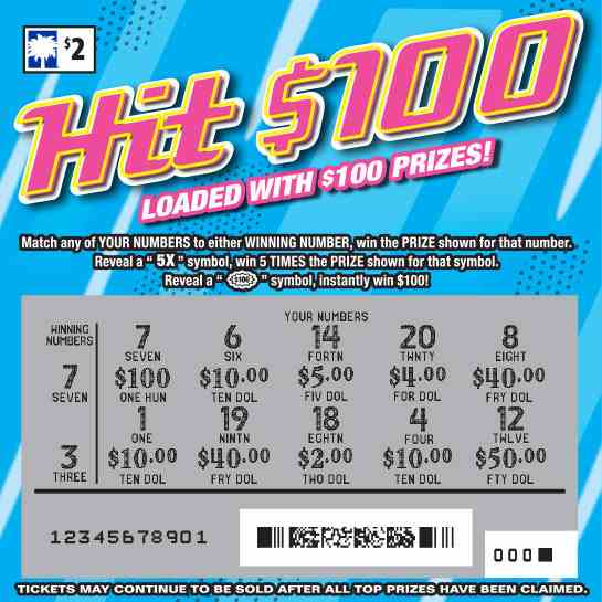 Hit $100 scratchcard - game number #1613 - front-scratched