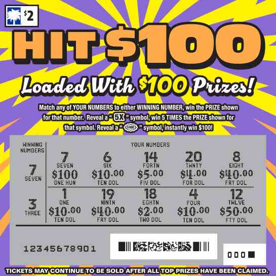 Hit $100 scratchcard - game number #1670 - front-scratched