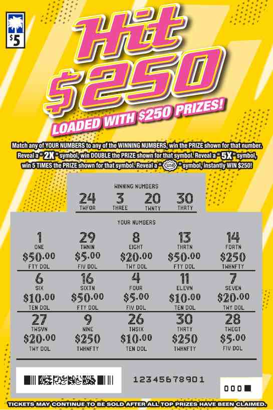 Hit $250 scratchcard - game number #1614 - front-scratched