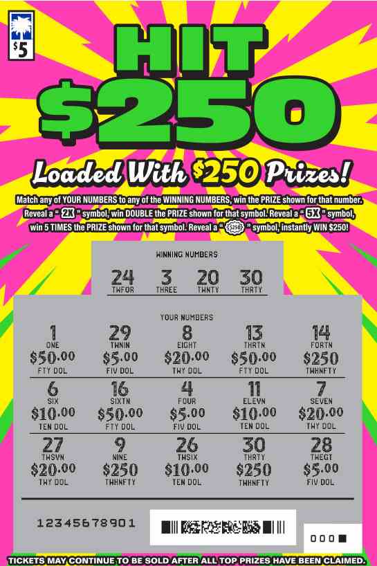 Hit $250 scratchcard - game number #1671 - front-scratched