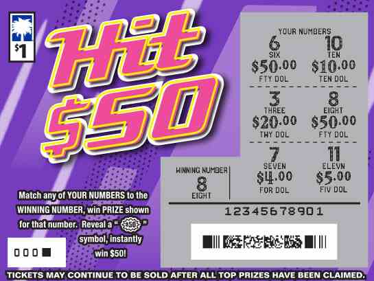 Hit $50 scratchcard - game number #1606 - front-scratched