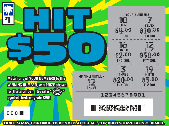 Hit $50 scratchcard - game number #1685 - front-scratched