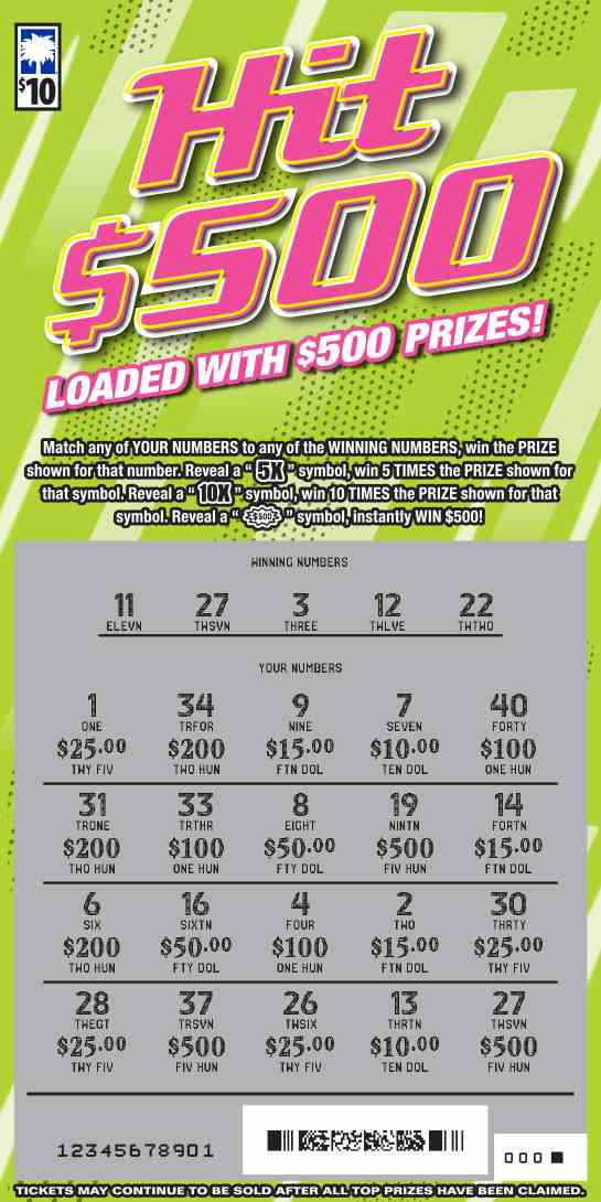 Hit $500 scratchcard - game number #1566 - front-scratched