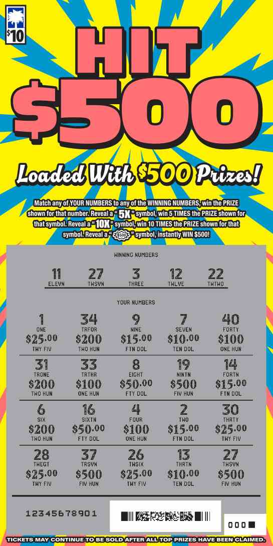 Hit $500 scratchcard - game number #1639 - front-scratched