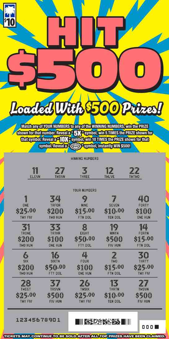 Hit $500 scratchcard - game number #1684 - front-scratched