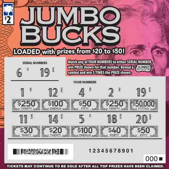Jumbo Bucks scratchcard - game number #1682 - front-scratched