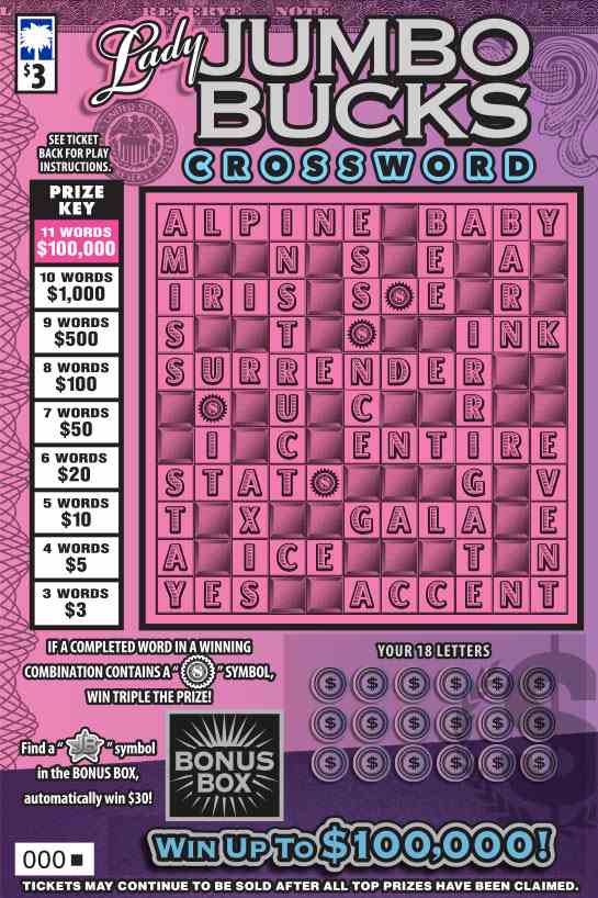 Lady Jumbo Bucks Crossword scratchcard - game number #1623 - front