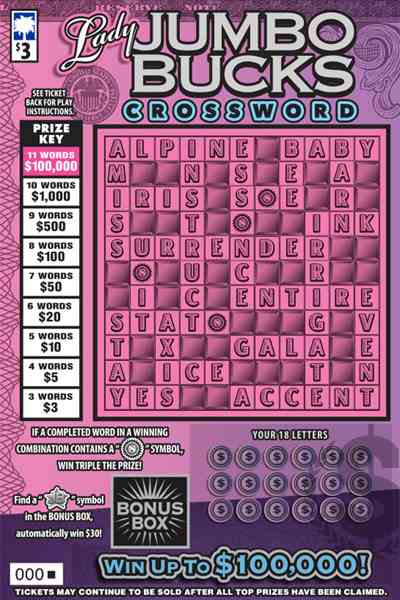 Lady Jumbo Bucks Crossword scratchcard - game number #1623 - front