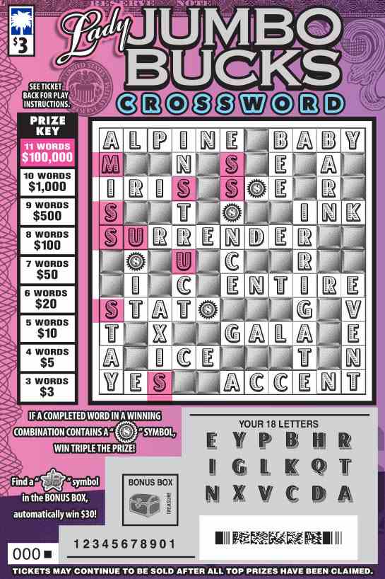 Lady Jumbo Bucks Crossword scratchcard - game number #1651 - front-scratched