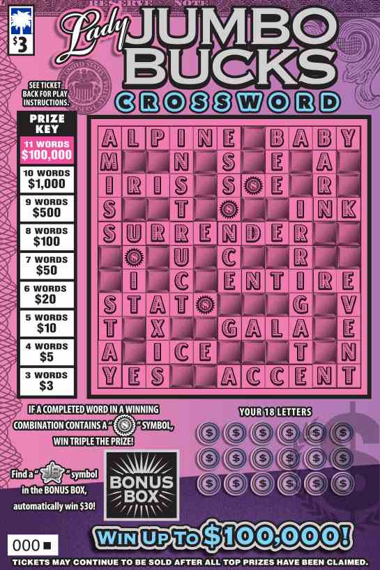 Lady Jumbo Bucks Crossword scratchcard - game number #1651 - front