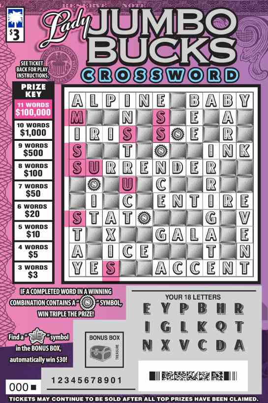 Lady Jumbo Bucks Crossword scratchcard - game number #1681 - front-scratched