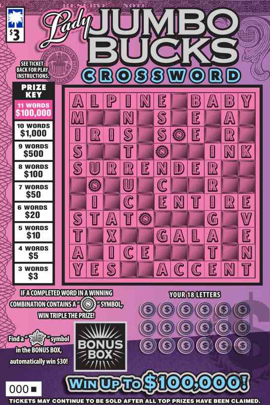 Lady Jumbo Bucks Crossword scratchcard - game number #1681 - front