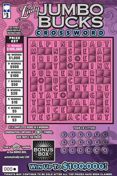 Lady Jumbo Bucks Crossword scratchcard - game number #1681 - front
