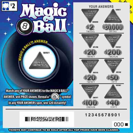 Magic 8 Ball scratchcard - game number #1607 - front-scratched