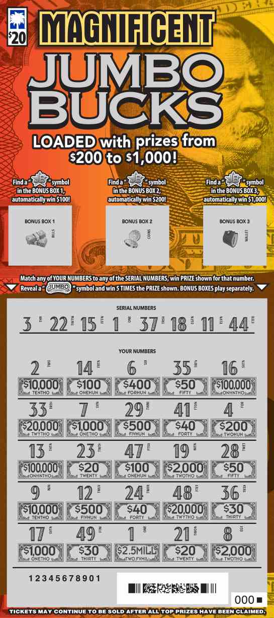 Magnificent Jumbo Bucks scratchcard - game number #1628 - front-scratched