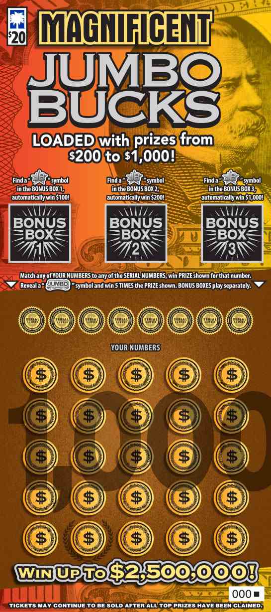 Magnificent Jumbo Bucks scratchcard - game number #1628 - front