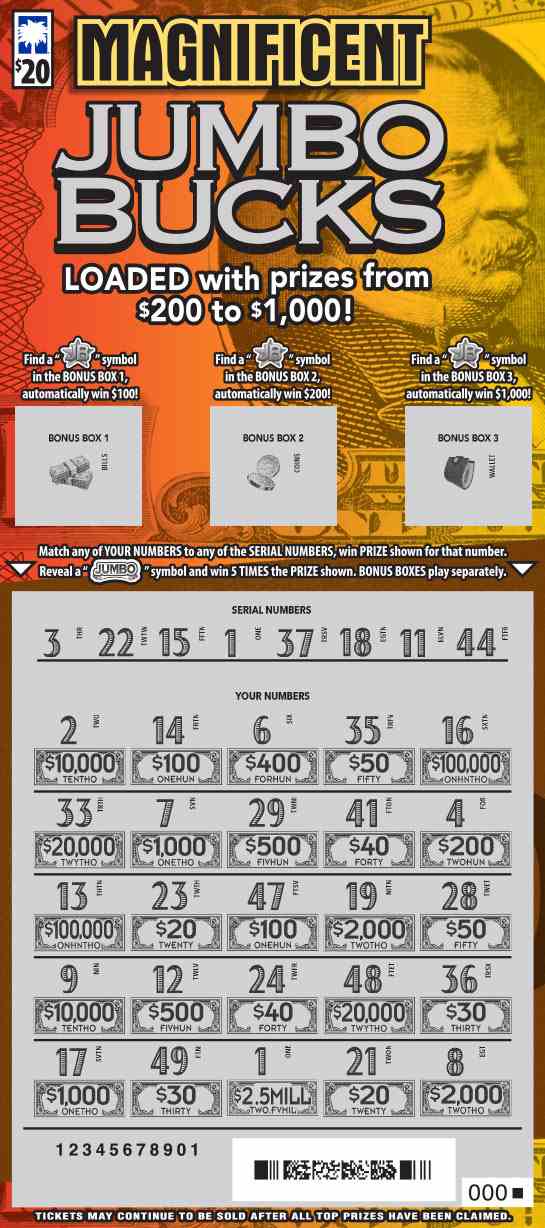 Magnificent Jumbo Bucks scratchcard - game number #1683 - front-scratched