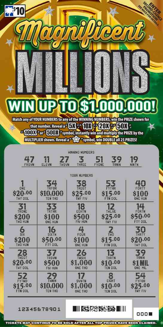 Magnificent Millions scratchcard - game number #1596 - front-scratched
