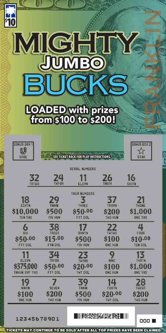 Mighty Jumbo Bucks scratchcard - game number #1554 - front-scratched