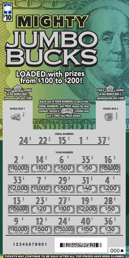 Mighty Jumbo Bucks scratchcard - game number #1658 - front-scratched