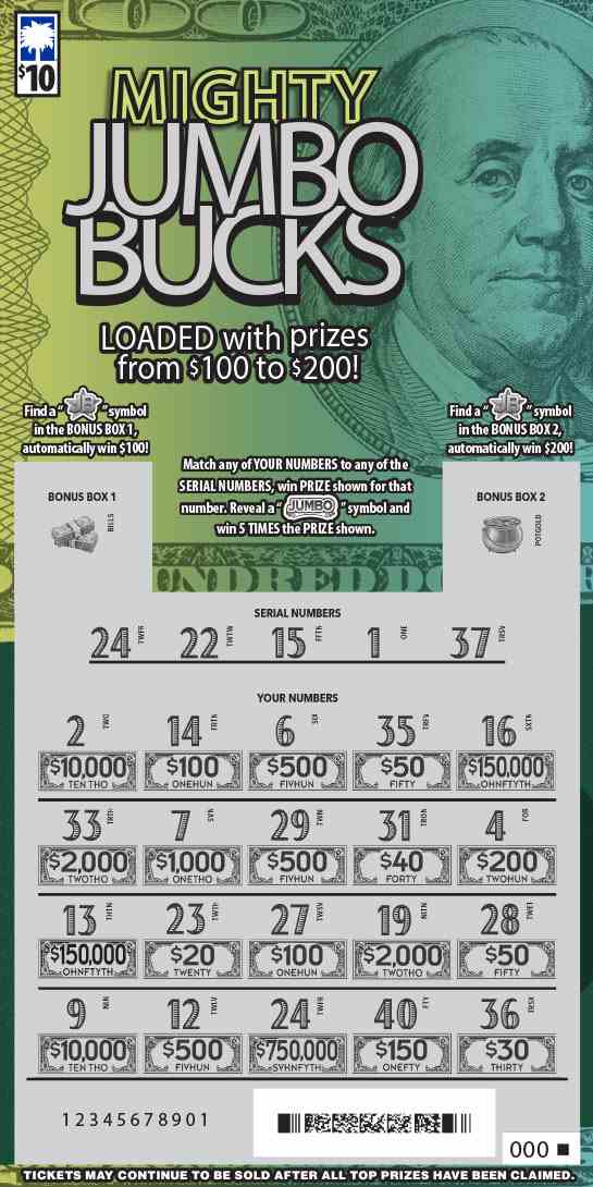 Mighty Jumbo Bucks scratchcard - game number #1703 - front-scratched