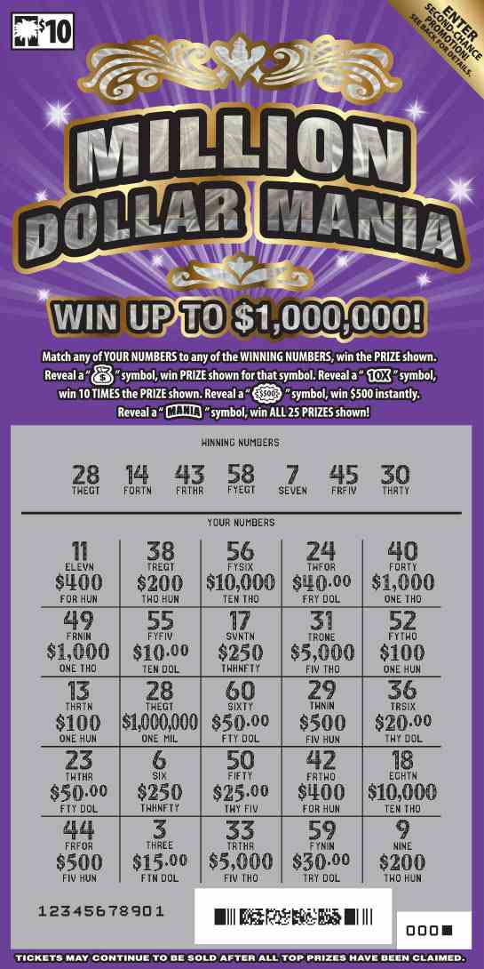 Million Dollar Mania scratchcard - game number #1633 - front-scratched