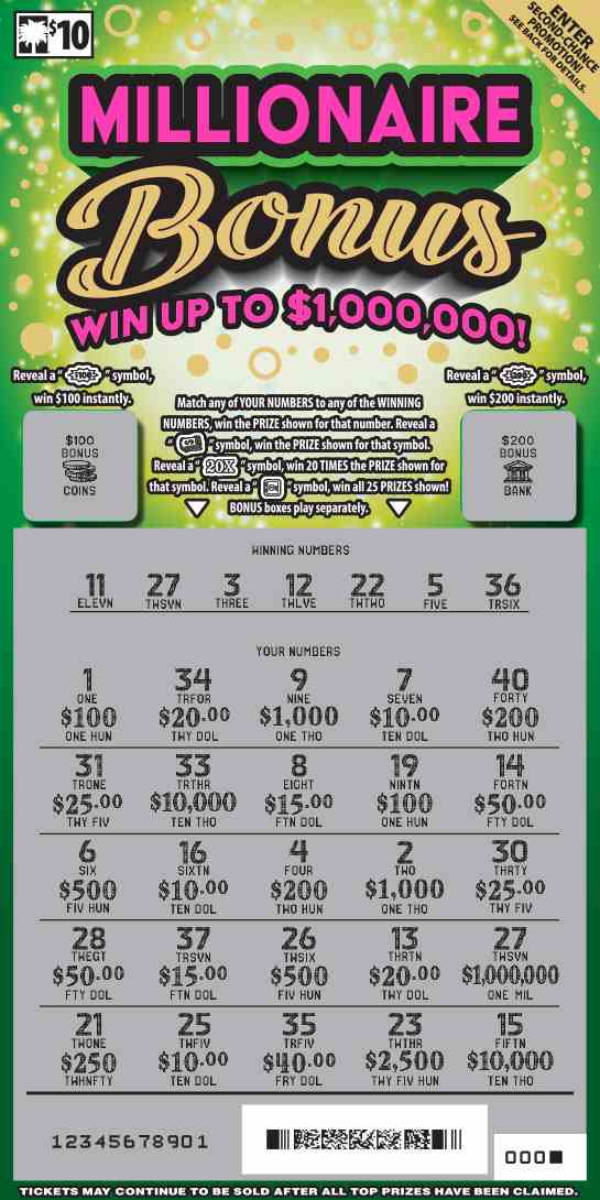 Millionaire Bonus scratchcard - game number #1653 - front-scratched