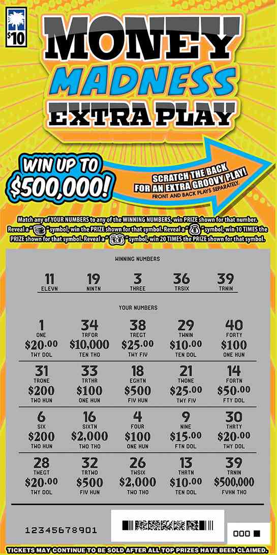 Money Madness Extra Play scratchcard - game number #1615 - front-scratched