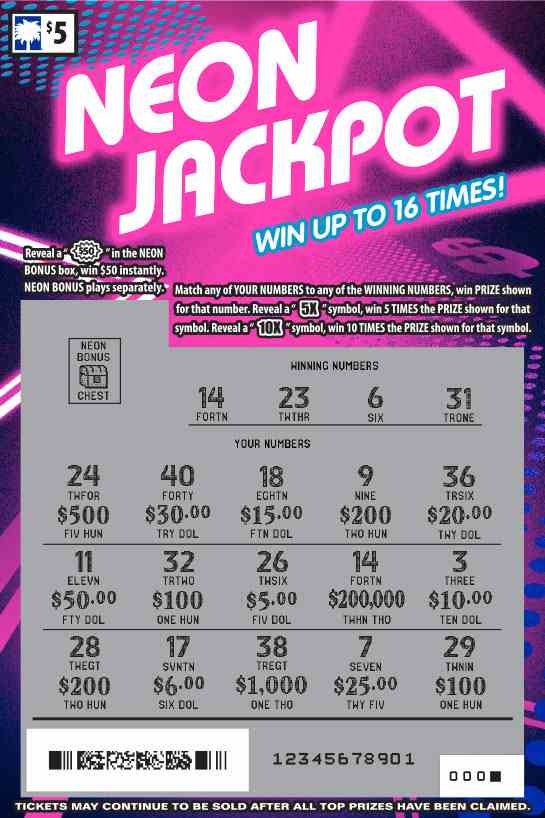 Neon Jackpot scratchcard - game number #1634 - front-scratched