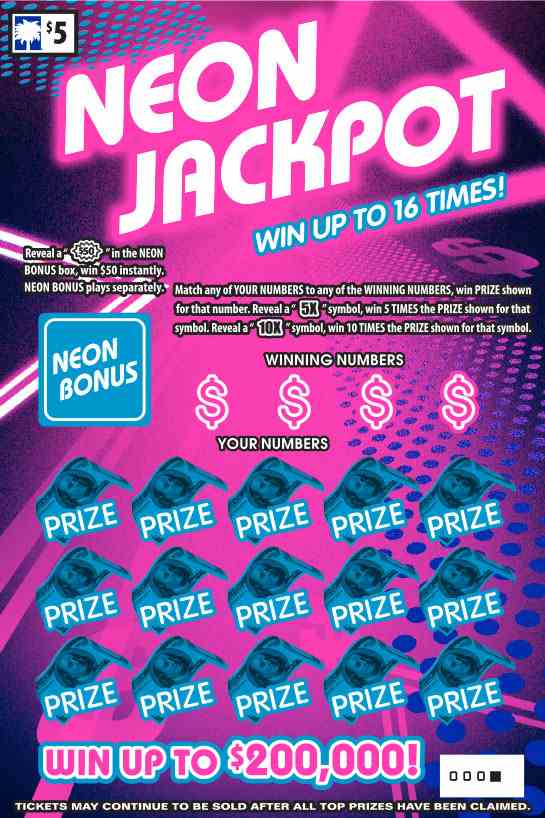 Neon Jackpot scratchcard - game number #1634 - front