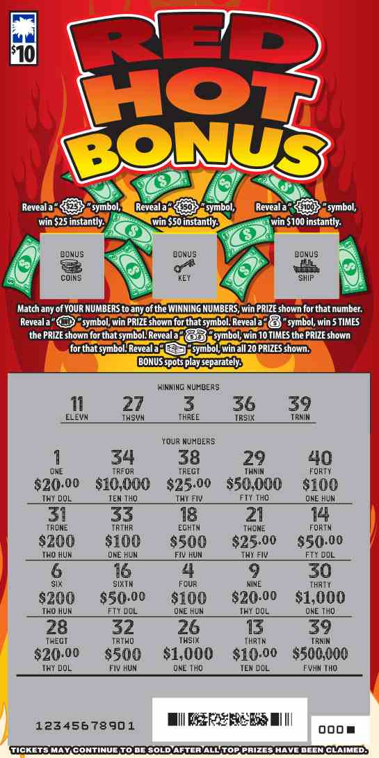 Red Hot Bonus scratchcard - game number #1587 - front-scratched