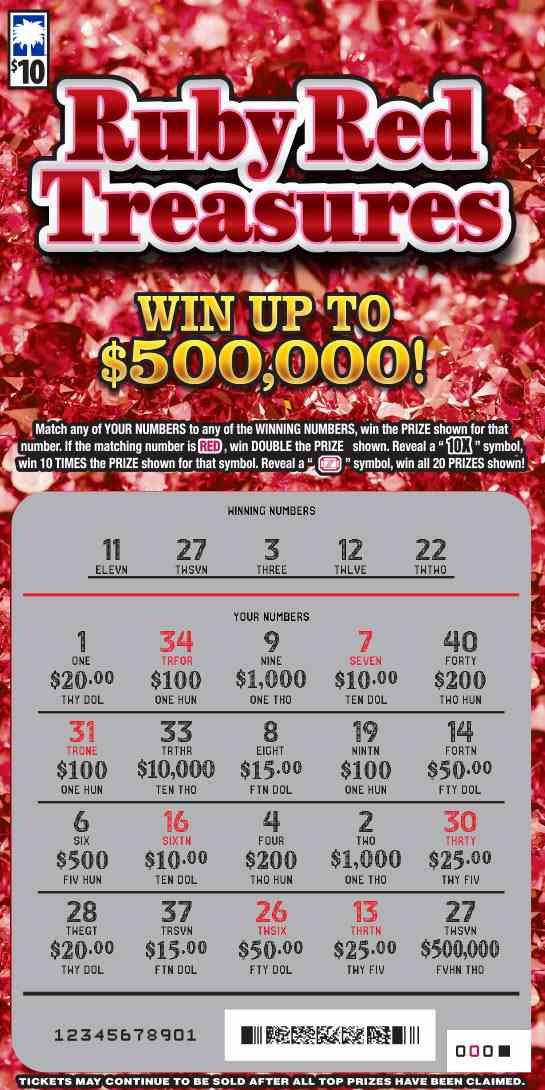 Ruby Red Treasures scratchcard - game number #1650 - front-scratched