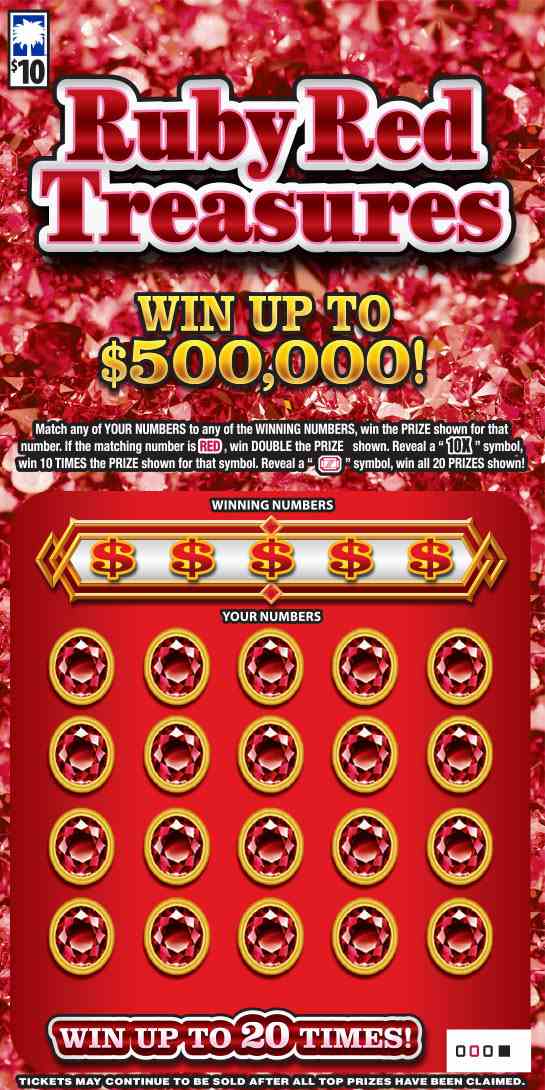 Ruby Red Treasures scratchcard - game number #1650 - front