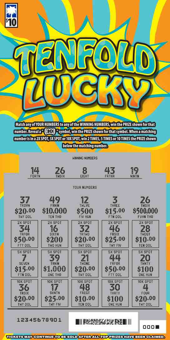 Tenfold Lucky scratchcard - game number #1680 - front-scratched