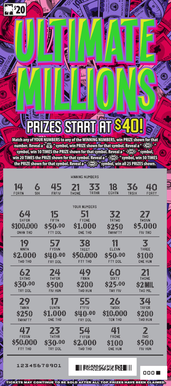 Ultimate Millions scratchcard - game number #1692 - front-scratched