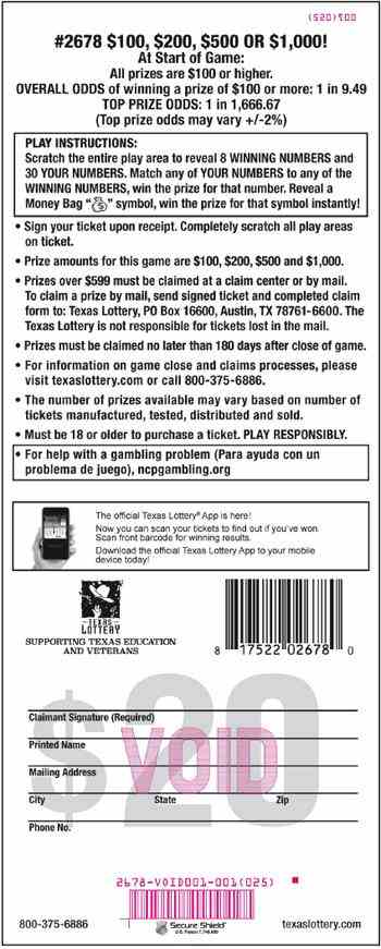 $100, $200, $500 Or $1,000! scratchcard - game number #2678 - back
