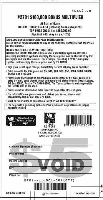 $100,000 Bonus Mulltiplier scratchcard - game number #2701 - back