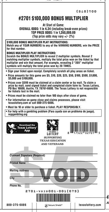 $100,000 Bonus Multiplier scratchcard - game number #2701 - back