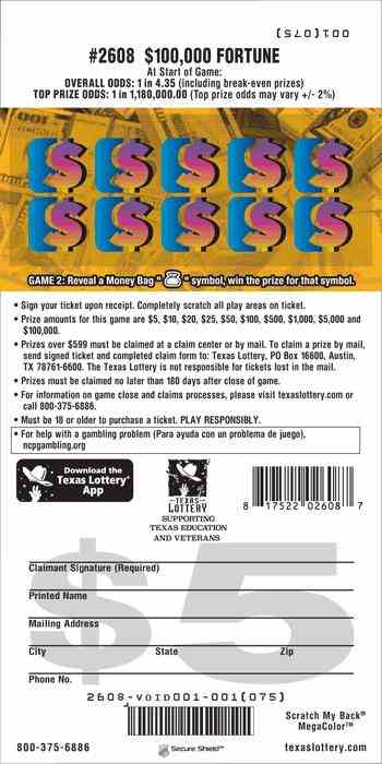 $100,000 Fortune scratchcard - game number #2608 - back