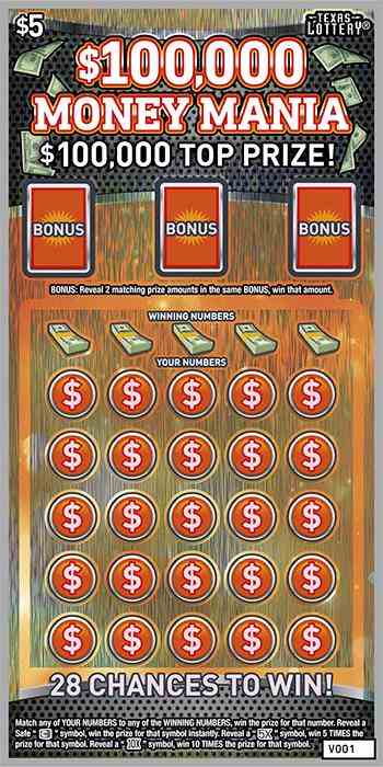 $100,000 Money Mania scratchcard - game number #2562 - front