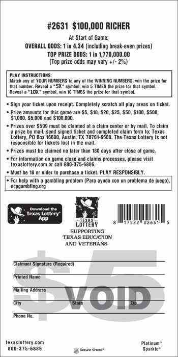 $100,000 Richer scratchcard - game number #2631 - back