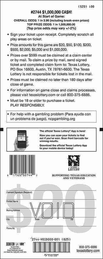 $1,000,000 Ca$H! scratchcard - game number #2744 - back