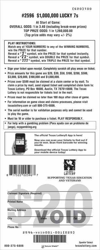 $1,000,000 Lucky 7S scratchcard - game number #2596 - back