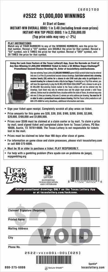 $1,000,000 Winnings scratchcard - game number #2522 - back