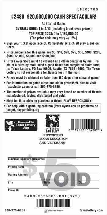 $20,000,000 Ca$h Spectacular! scratchcard - game number #2480 - back