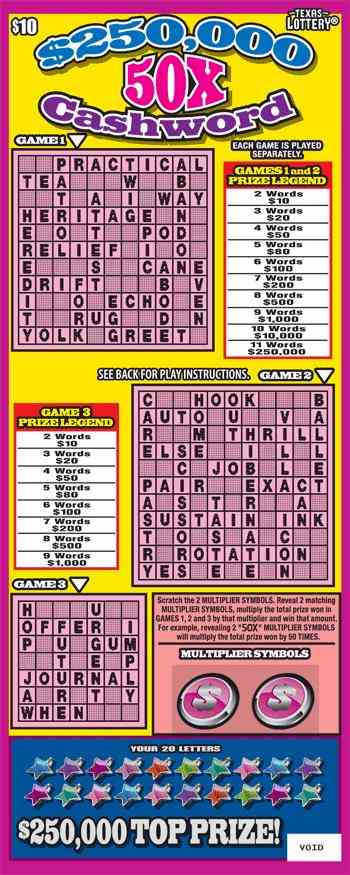 $250,000 50X Cashword scratchcard - game number #2582 - front